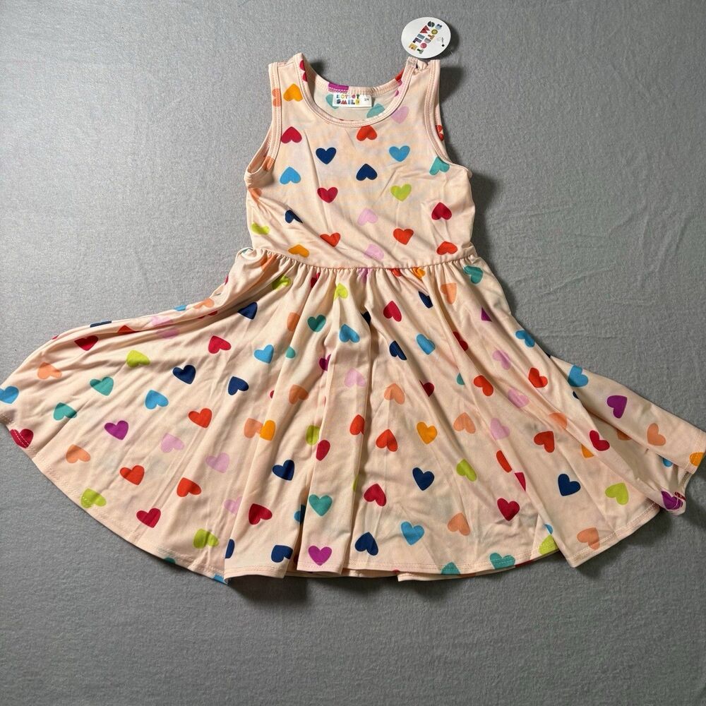 NWT Dot Dot Smile Girls Heart Print Twirl Dress Size 3/4 Rainbow Hearts Pink